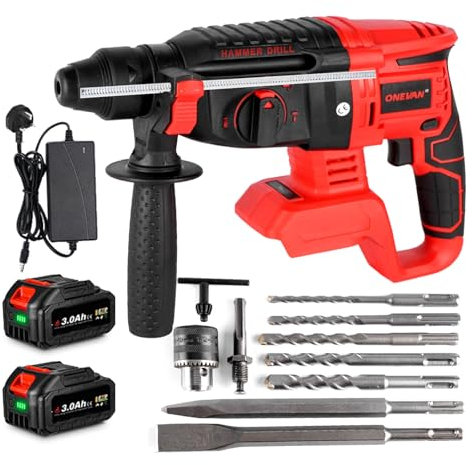 Cordless Electric Hammer Drill - 650W SDS-Plus Brushless Battery Drill, 4-Speed Power Tools with Anti-Vibration Handle (Incl. 2 Batteries & Charger)