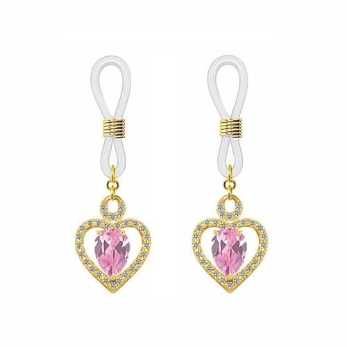 Pink Love Heart Fake Nipple Piercing Bars Gold Plated Open Hearted Shaped CZ Rhinestone Non Piercing Nipple Noose Adjustable Nipplerings Body Jewelry for Women Anniversary Promise Jewelry