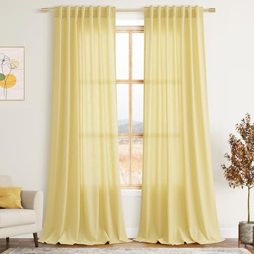 Nanspring - Cortinas de lino amarillo estilo bohemio para dormitorio, con dobladillo trasero y bolsillo para cortinero, semitransparentes, 90 pulgadas de largo, juego de 2 paneles, filtro de luz