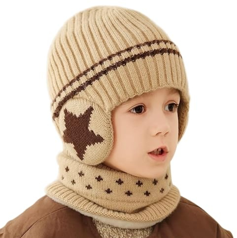 JIAHG Bonnet Enfant Tricoté Hiver avec Cache-Oreilles Ensemble de Bonnet et Tour de Cou Doublure en Polaire Cagoule en Tricot Extensible Épais Thermique pour Snowboard Ski Cyclisme