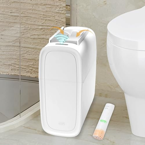 Sayene Poubelle de salle de bain automatique de 10 litres avec couvercle, poubelle extensible automatique, poubelle étanche avec détecteur de mouvement, petite poubelle blanche fine pour espace