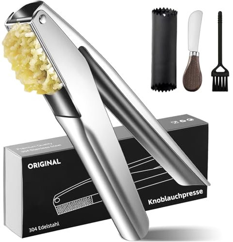 Knoblauchpresse 18/8 Edelstahl Upgrade Spülmaschinenfest, kein Schälen notwendig, Knoblauch- und Ingwerpresse, Upgrade große Mulde, Garlic Press, 5 Jahre Garantie