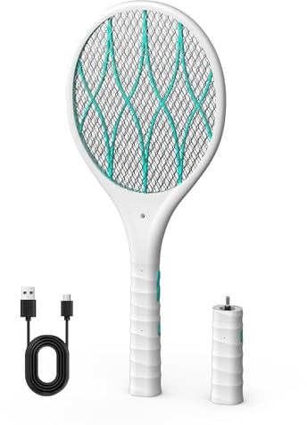 QEXREED Racchetta Zanzare Elettrica, Antizanzare ad alta potenza da 4000 V, ricaricabile tramite USB,LED di richiamo e torcia staccabile, griglia di sicurezza a triplo strato, casa e viaggi, bianco