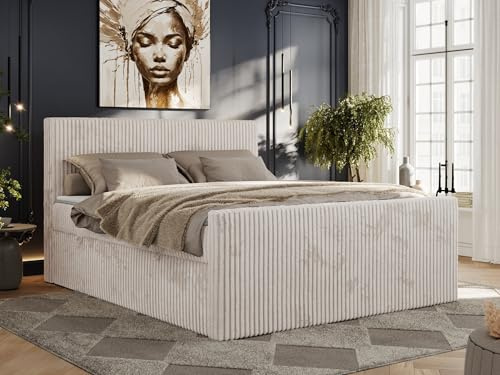 MKS MEBLE Boxspringbett Cord 180x200 Polsterbett Bett Cord mit Matratze H3 Bett mit Bettkasten and Kopfteil Doppelbett mit Stauraum - Tiliano Duo - Beige Cord - H3 + Topper T25