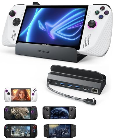 Maxonar 6-i-1 Loot Dockningsstation (Hyper-Grip, HDMI 2.1, 4K @120Hz) för ASUS ROG Ally X/Steam Deck OLED/Legion Go/MSI Claw med HDMI 2.1, 3 x USB-A 3.0, 1 000 Mbps Ethernet, 100 W USB-C-laddning