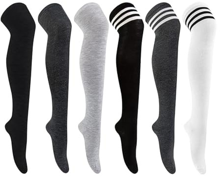 Anseom 6 paia di calzini alti fino al ginocchio, da donna, sopra il ginocchio, calze alte al ginocchio, per uniforme scolastica sportiva alla moda