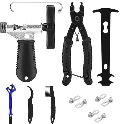 Juego de Herramientas de Cadena de Bicicletas, Tronchacadenas Bicicleta, Alicate de Cadena de Bicicletas, Medidor Cadena Bicicleta, 5 pares de remaches, 3 Cepillo, para Bicicleta6 -12Cadena Eslabones