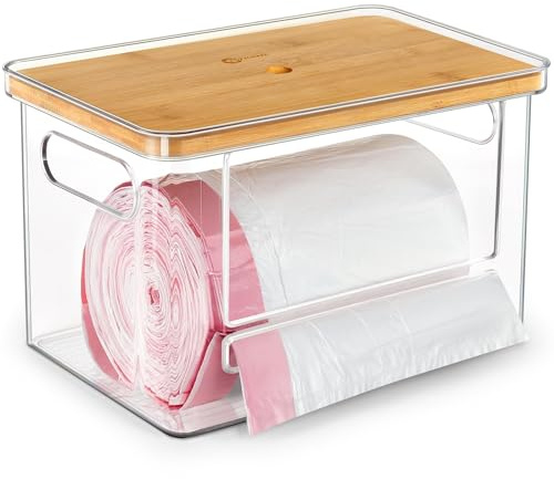 Stackable Trash Bag Dispenser with Wooden Top for Holding 13/30/33-Gallon Large Bag Sizes – Extra-Large Garbage Bag Holder with Anti-Slip Base, Trash Bag Dispenser Under Sink (11.5x7.5x7 inches)