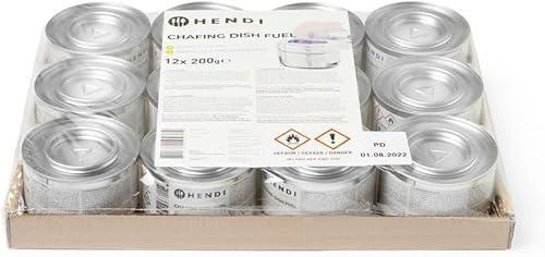 HENDI Pasta combustible, en lata, sin hollín y sin olor, tiempo de combustión ±3 horas, 12 unidades, gel combustible, gel bioetanol, para calentar alimentos, para calientaplatos, chafing dish, 200gr