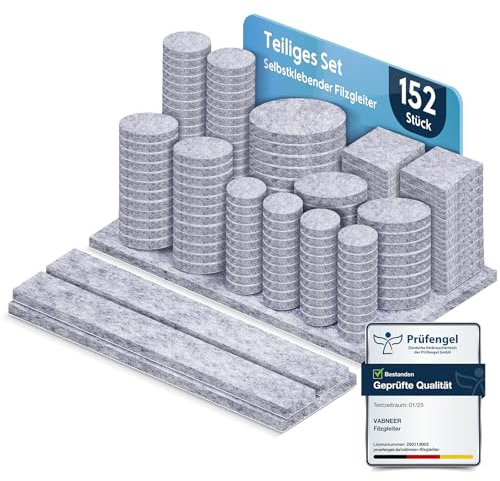VABNEER ​​Feltrini sedie autoadesivi - 152 pezzi EXTRA RESISTENTI da 5mm per proteggere pavimenti e mobili - Rotondi/quadrati, ammortizzatori premium antirumore e antigraffio​ (grigio)
