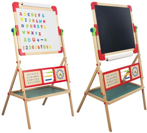 WoodenFun Kinder Kunst Staffelei Verstellbar mit Magnet, Doppelseitige Tafel mit löschbarer Magnettafel Hölzerne Tafel Holz für Kinder Standtafel 10-teiliges Set (Rot)