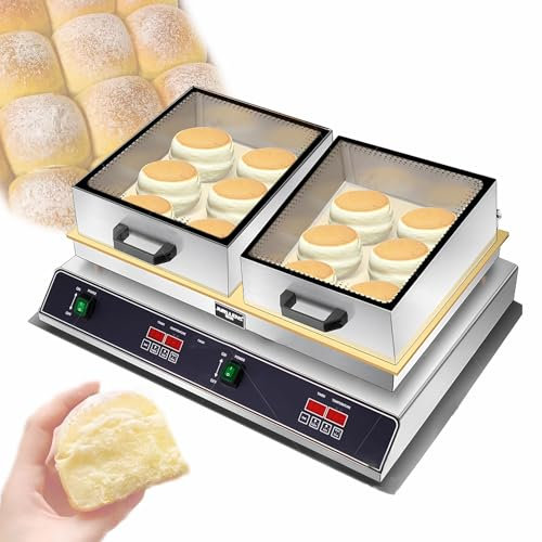 HEIHEIZI Máquina Eléctrica para Soufflé con Tapa Abatible de Vidrio, Máquina Comercial para Hacer Soufflés y Panqueques, Control de Temperatura de 50-300°C, Acero Inoxidable Fácil de Limpiar,2 Head