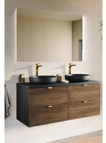 Lomadox Waschplatz-Set 2-teilig mit 120 cm Doppelwaschtisch und LED-Spiegel in Eiche und schwarz, 2 Aufsatzwaschbecken schwarz