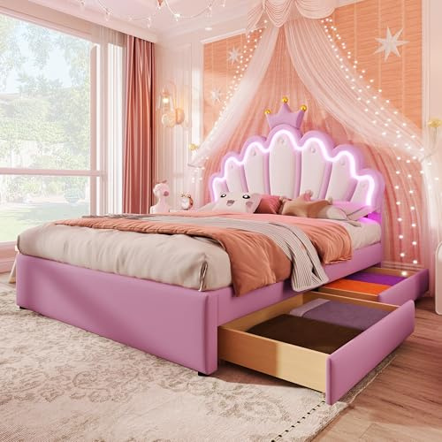 TOBIDOEN Polsterbett Prinzessinnenbett 140x200 cm mit Ambientemodus, 2 Schubladen & Verstellbares Kopfteil, Geeignet für Schlafzimmer Kinderzimmer, Ohne Matratze, Polsterung PU-Leder Kinderbett, Rosa