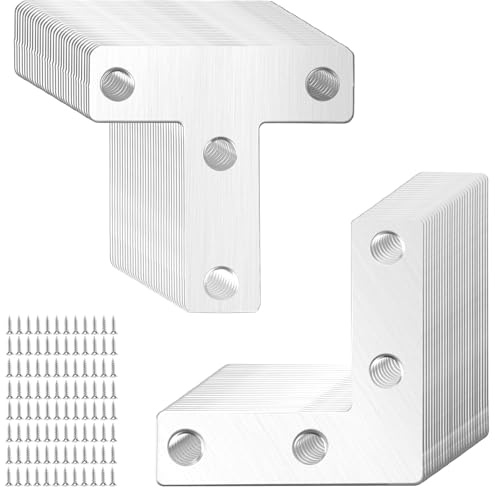 SYUTBOU 60 Piezas Soporte de Esquina 90 Grados, Ángulos Planos en Forma L y T de Acero Inoxidable 50x50mm con 240 Tornillos para Muebles, Estanterías, Mesas, Sillas y Proyectos de Bricolaje