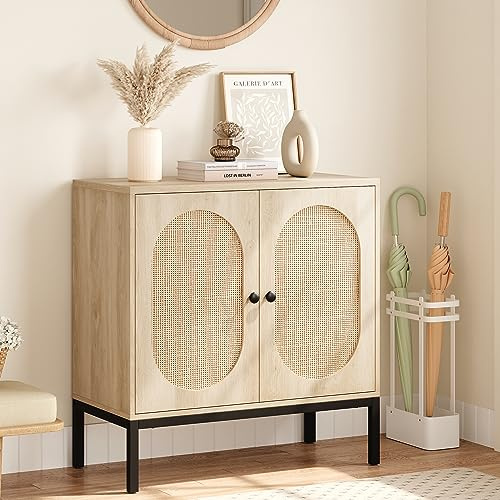 Sideboard Anrichte mit 2 Türen aus Rattan, Rattanschrank mit verstellbaren Einlegeboden & Hoch Metallrohr Bein, 80x40x83cm Buffet Aufbewahrungsschrank Holz für Flur Eingangsbereich Wohnzimmer Küche