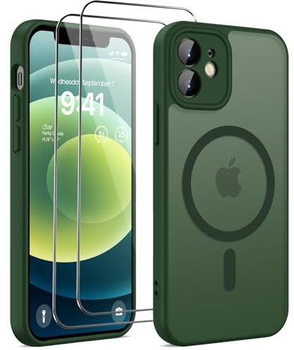 HGH für iPhone 12 Hülle für MagSafe mit 2 Schutzglas, Grün | Vollständiger Kameraschutz Stoßfest Kratzfest Anti-Fingerabdruck Transluzente Rückseite Matt Handyhülle für iPhone 12 Case