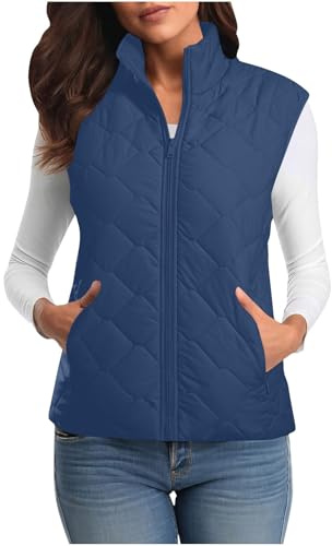 Women's Quilted Gilet Winter Sleeveless Jackets Zip Up Padded Coats Lightweight Vests Solid Color Gilets and Bodywarmers Outdoor Stand Collar Waistcoats Outerwear Ladies Body Warmer with Pockets