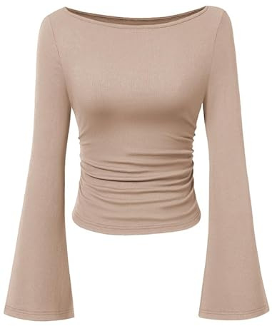 Sukiglam Långärmad tröja/topp för damer, elegant, med strumpbyxringning, stickade överdelar med klockärmar, smal, Y2K, bas, casual, tröja, smal passform, långärmad, T-shirt, enfärgad, långärmad