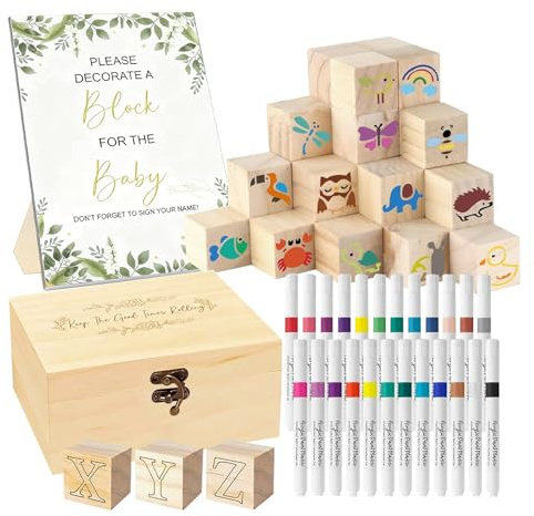 78 Stück Babyparty Spiele Set, Lustige Baby Shower & Gender Reveal Spiele Aktivitäten mit Holzblöcken, Stiften & Schablonen, Kreative Aktivität & Deko für Gäste, Babyparty Junge und Mädchen