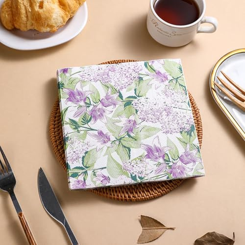 Serviettes en Papier Fleurs Violettes Serviettes de cocktail Décorations de fête,Absorbantes et pratiques - jetables pour mariage,anniversaire,apéritif,Noël,dessert5 Paquet(33x33cm)