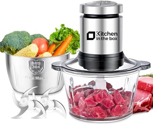 Kitchen in the box 2L+2L Electric Food Processors & Chopper with 304 Stainless Steel Container and Glass Container, 2 Speed Settings, 4 Stainless Steel Blades for Chopping Meat, Baby Food, Vegetable