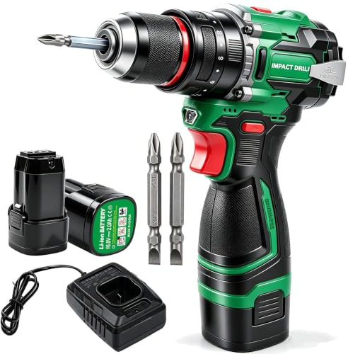 Mini Taladro de Impacto Inalámbrico, Destornillador Eléctrico Con Par Ajustable, Mandril Universal de 3/8 Pulgadas Con 3 Brocas + 2 Baterías, para Taladrar Hormigón Y Reparaciones Diarias