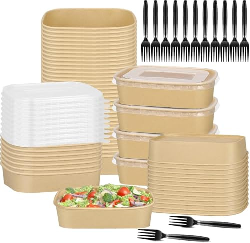 DHNDO 50 Sets 500ml Kraft Paper Food Container with Lids and Forks | Rectangular Takeaway Containers, Oil and Water Resistant, for Meal Prep Leftovers Snack Salad, Microwave Freezer Safe