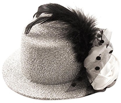 Freak Scene® Haarschmuck mit Hut & Feder glitzernd ° Partyhut ° groß, Farbe: silber