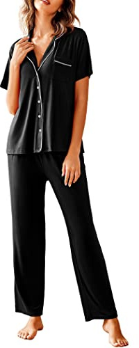 Avidlove Womens Comfort Pajama Set Short-Sleeve with Long Pjs Pants Soft Sleepwear,Large,Black Pj
