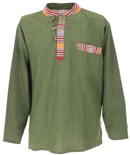 Guru-Shop, Camicia da Pescatore Etnico Nepalese, Camicia Goa, Oliva, Cotone, Dimensione Indumenti:L, Camicie