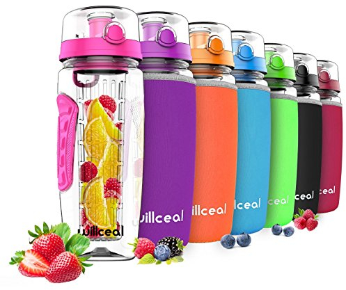 willceal Fruit Infuser Water Bottle 32oz Durable,Large - BPA Free Tritan,Flip Lid, Leak Proof Design - Sports, Camping (Pink)
