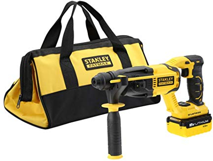 Stanley FATMAX Marteau à percussion SDS-Plus 18V BRUSHLESS Avec 1 batterie de 4 Ah + 1 Sac 1,5J Vitesse 0-2,200 tr/min 5.775 ipm Gamme FATMAX Robuste et Ergonomique FMCD900M1S-QW