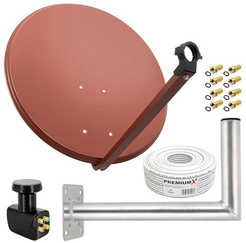 Premium X Satelliten-Komplettanlage 80cm Satellitenschüssel Aluminium Rot Quad LNB Kabel 50m Wandhalter 45cm, SAT bis 4 Teilnehmer