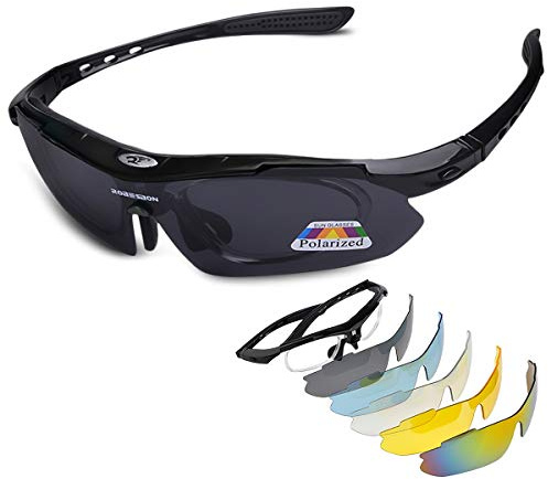LumiSyne Sportbrille Polarisiert Herren und Damen Radsportbrillen mit 5 Wechselgläsern UV 400 Schutz Superleichte Rahmen mit Sonnenbrillenband für Sport Freizeit Radfahren Motorradbrille