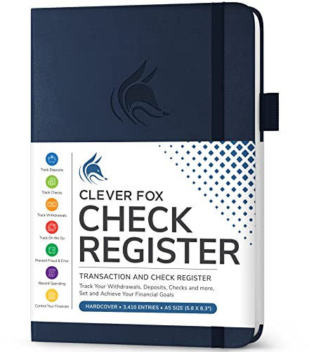 Clever Fox Check Register Book - Deluxe Transaction Register, Accounting Ledger Book, Checkbook Register & Checking Account Register Book for Personal and Work Use, A5 Hardcover - Dark Blue