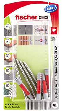 fischer Dübel DuoSeal 6x38 S PH TX A2 ,hellgrau/rot, 4 Stück, mit rostfreien Schrauben