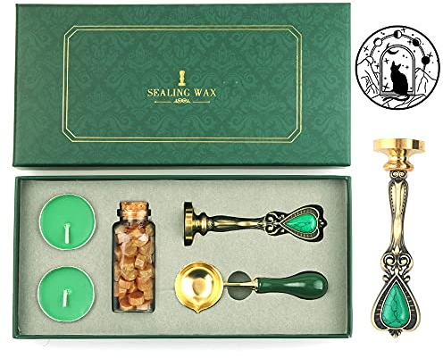 ANBOSE Wachssiegel-Stempel-Set mit abnehmbarem Messingkopf, Siegelwachsperlen, Kupferlöffel, Kerzen, Retro, Vintage, Mond, Stern, Katze