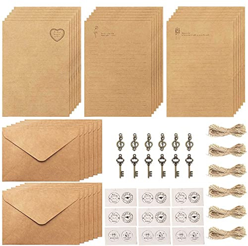 Unvtap Writing Paper and Envelopes Set, 72Pcs Vintage Letter Paper Aged Envelopes, Letter Writing Sets(24 Sheets Letter Papers, 12 Envelopes, 12 Retro Keys, 12 Hemp Ropes, 12 Stickers)