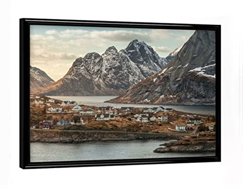 artboxONE Poster mit schwarzem Rahmen 18x13 cm Natur Lofoten Settlement - Bild lofoten Fjord holzhäuser