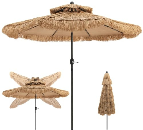 RELAX4LIFE Sonnenschirm Hawaii 270 cm, Reisstroh Strandschirm | Strohschirm mit Neigungsfunktion, Balkonschirm mit Doppeldach, Gartenschirm UV-beständig, Terrassenschirm für Garten & Strand