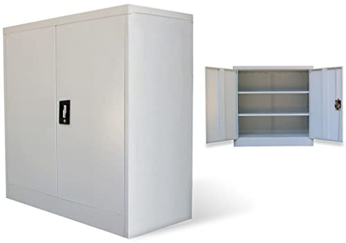 Aktenschränke Schrank Stahl Stahlblech Lagerschrank Aktenschrank Büroschrank Werkzeugschrank 2 Türen und 2 verstellbaren Einlegeböden, mit 30 kg pro Ebene Belastbar, Grau 90 cm Stahl