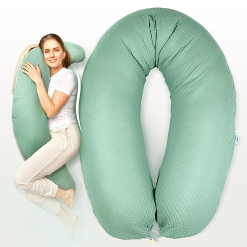 sei Design XXL Stillkissen + Set noch 1X Zusatz-Bezug Musselin ergonomisch Schwangerschaftskissen Seitenschläferkissen Komfortkissen Erwachsene