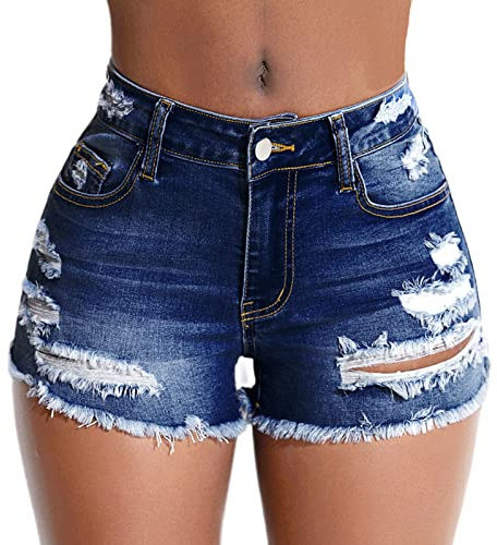 Tunlaud Women's Stretch Ripped Denim Shorts Mid Waist Casual Frayed Raw Hem Distressed Jean Shorts (M, Dark Blue)