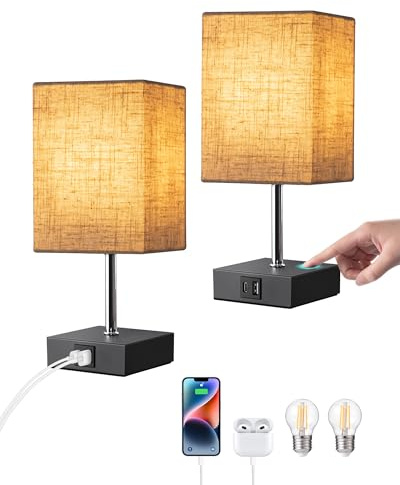 EDISHINE Touch Bedside Lamps Set of 2, 3-Way Dimmable with USB A+C Ports | Beige Linen Shade, Includes 4W 2700K G45 LED Bulbs, E27 Socket, Modern Lamps for Bedroom, Living Room, Study