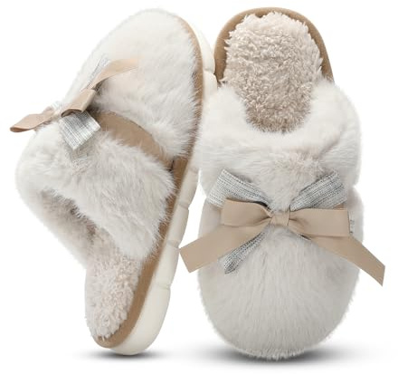 GOEWY Cute Womens Slippers Memory Foam Faux Fur House Slippers for Women Fuzzy Plush Comfy with Bow Butterfly Tie Anti-Skid House Shoes Indoor Outdoor Gifts for Women Mom Ladies