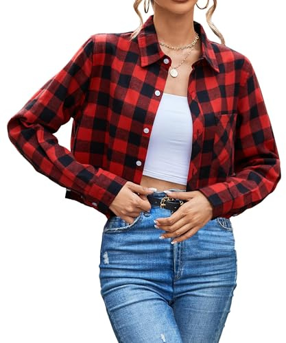 SANGTREE Womens Red Crop Plaid Shirts Long Sleeve Button Down Cropped Top Blouse Red Black Plaid, Large