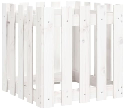 Hochbeet aus Holz, Lattenzaun Design Blumenbeet Blumenkasten Pflanzkasten Pflanzbeet Gartenbeet Pflanzkübel für Garten & Balkon, Weiß 50x50x50cm Massivholz Kiefer