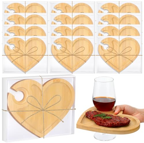 Menkxi 12 Set Wine Appetizer Plates Mini Charcuterie Boards with Wine Glass Holder and Box Gifts for Bridal Shower Game Prizes Wooden Cocktail Cheese Plate for Guests Baby Shower(Heart,Light Color)
