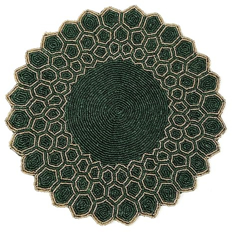 CLEENTABLE Green Beaded Round Placemat, 13 in, Charger Plate Base | Single pack, glass beads & polyester, green & gold tones, handcrafted, weddings, holidays, table surface protection